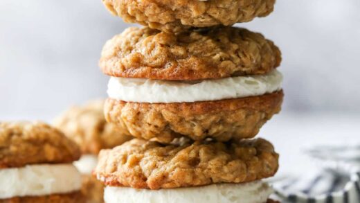 stack of oatmeal cream pie cookies on wire rack