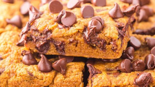 A small stack of homemade Pumpkin Chocolate Chip Bars.