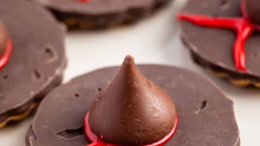 witch hats made with chocolate candy on a white plate.