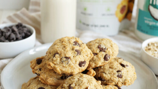 stack of oatmeal chocolate chip cookies on large plate with bag of brewer