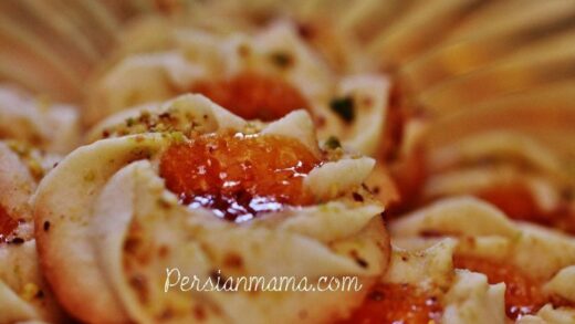 Shirini Morabaii , or pistachio cookies with apricot jam in the center