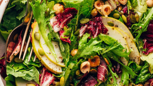 Large serving bowl filled with our Thanksgiving green salad recipe