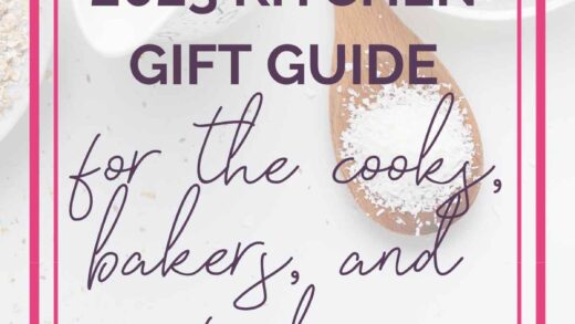 Cooking tools in background with text overlay on top saying 2023 Kitchen Gift Guide for the cooks, bakers, and foodies.