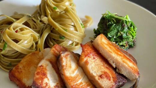 Pan-Fried Hamachi Fillet with Pasta Aglio e Olio