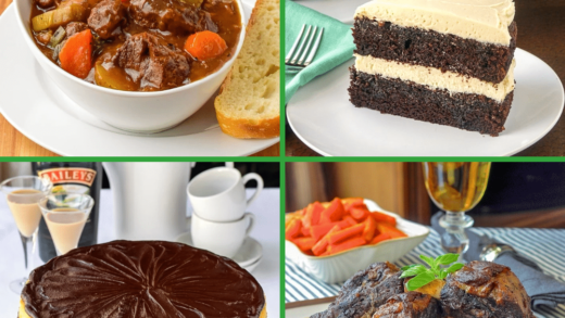 A collage of Irish recipes including stew and cakes.