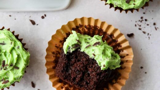 bite taken out of mint chocolate chip cupcake