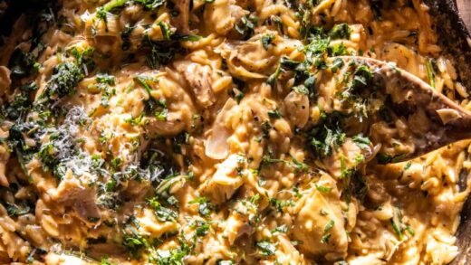 25 Minute Spinach and Artichoke Chicken Orzo