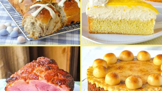 A grid collage of easter recipes, including hot cross buns, lemon mousse cake, baked ham and simnel cake.