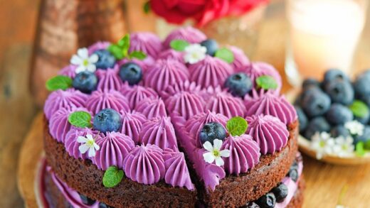 Eggless Blueberry Chocolate Cake Recipe with blueberry cream cheese filling & frosting