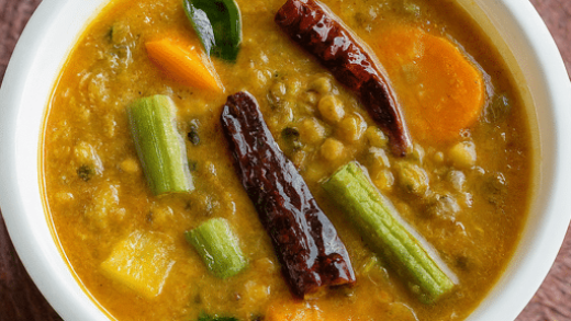 Tangy Udupi Sambar a lentil stew with vegetables and aromatic spices