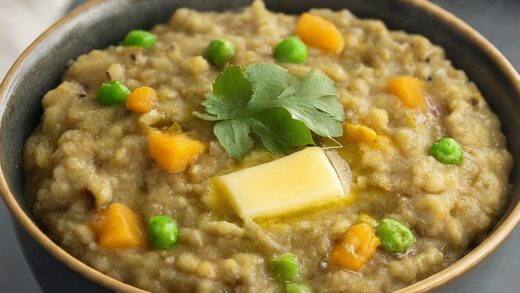 Steaming bowl of Bajra Khichdi, an Indian dish with pearl millet, lentils, vegetables, cilantro, and ghee.