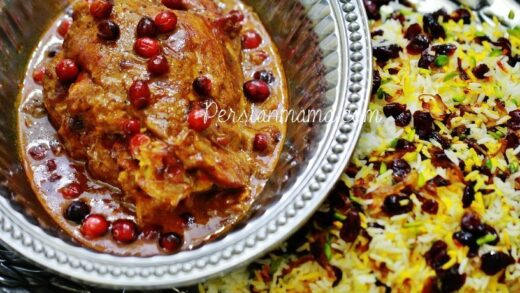 Turkey in tomato saffron broth with cranberry rice