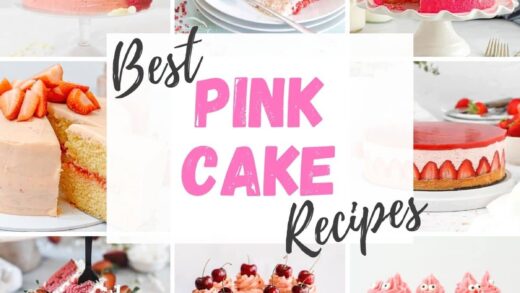 best pink cake recipes ideas in a grid including strawberry cake, raspberry cake, cherry cake, pink drip cake.