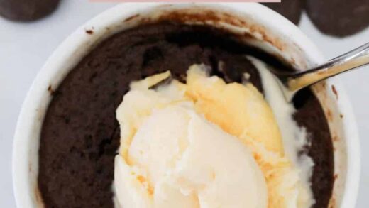 A rich chocolate cake with a scoop of ice cream in a small white ramekin.