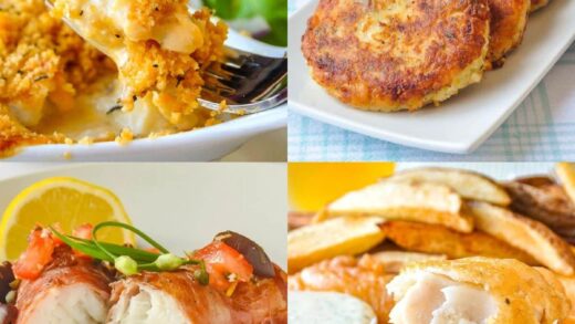 Photo collage of 4 cod fish recipes.