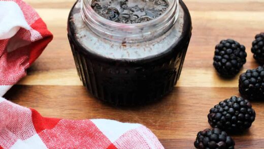 Jar of blackberry jam, red checked dish towel and blackberries to the sides.